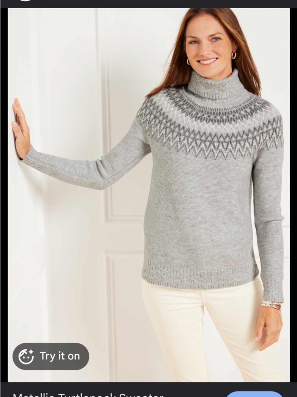 Talbots Metallic Fair Isle Turtleneck Sweater Gray NWT Size LP Large Petite
